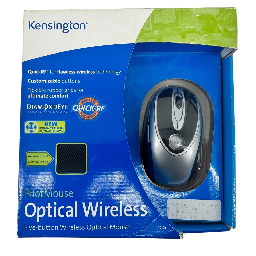 Kensington PilotMouse Optical Wireless Mouse 72129 Silver Black 5-Button‎ NEW
